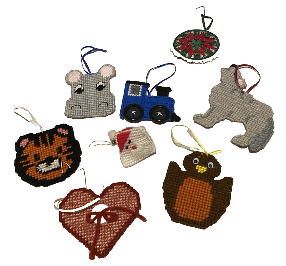 Vtg 70s Handmade Animals & Santa Christmas Ornaments Lot of 8 Hand Sewn w Yarn